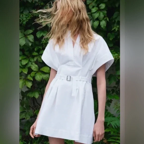 ZARA White Belted Mini Dress Pleated Short Sleeve Size S - Picture 5 of 15